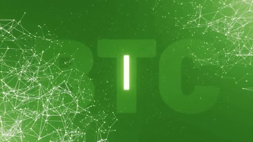 Plexus of connected moving lines and BTC symbol. Rotating glowing Bitcoin sign