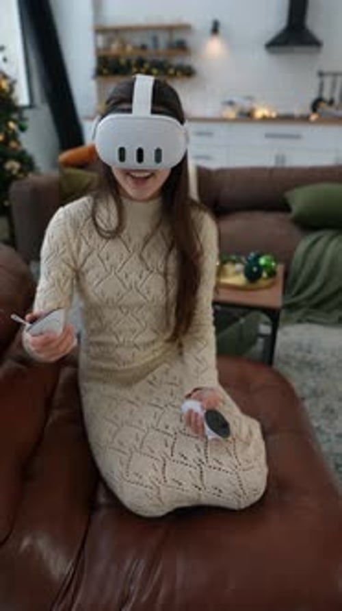 Woman Immersed in Virtual Reality Gaming at Home