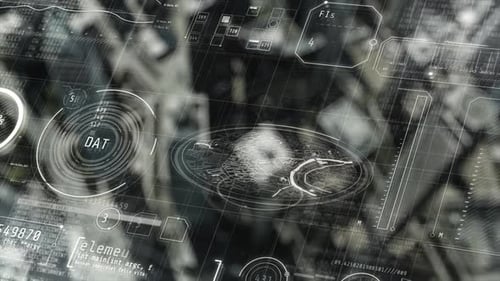 Pantalla frontal futurista que muestra el mapa de la ciudad y el análisis de datos