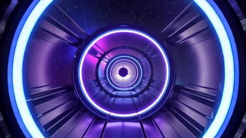 Tunnel spatial de science-fiction avec anneaux lumineux au néon et nébuleuse cosmique