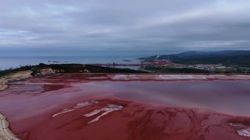 Red Mud Dam Of San Ciprian With Toxic Waste From Aluminum Factory In Lugo, Spain. drone shot
