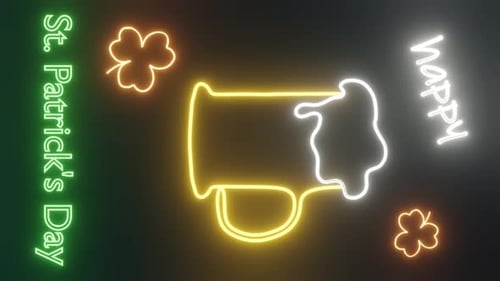 St. Patrick's Day Neon Beer Mug and Shamrocks Animation