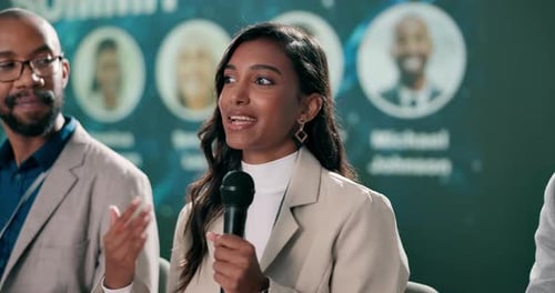 Woman, microphone and talk at business summit as presenter, guest or event host in panel discussion