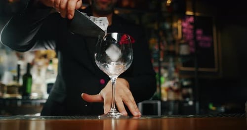 Un camarero profesional está poniendo cubitos de hielo profesionales de cristal de larga duración para preparar un
