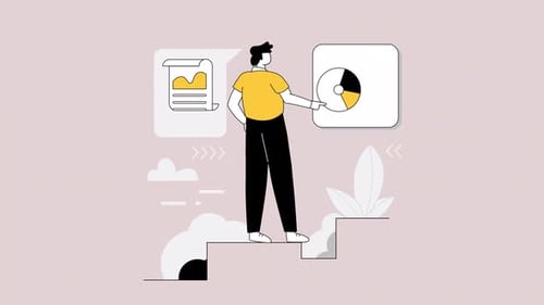 Animated Flat Design Character Analyzing Business Data Charts