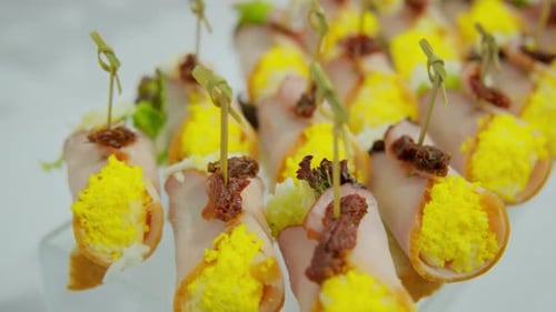 Close Up Shot of Banquet Table with Appetisers Catering in Restaurant