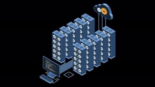 Isometric monitoring big data storage animation. Data transmission technology. Online hosting