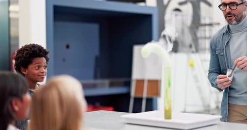 Science, teacher and chemistry experiment in classroom with excited children learning