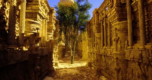 Ancient Ruins Showcasing Intricate Stone Carvings Under a Clear Sky