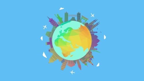 Animated Flat Design Globe with World Landmarks Travel Background