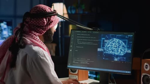 Man Coding at Computer with Brain Interface