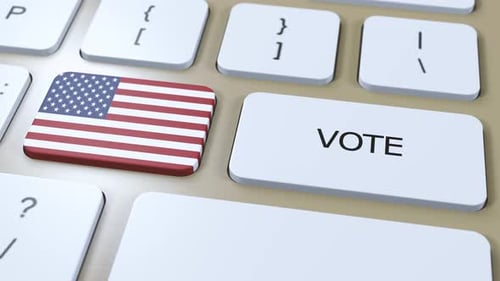 USA Vereinigte Staaten von Amerika stimmen im Land ab: Nationalflagge und Button, 3D-Animation