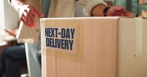 People, hands and box with delivery for logistics, distribution or next day order in home