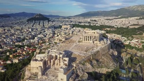 Aerial circling ancient Acropolis Parthenon in Athens Greece