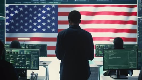 Office with American Flag and Computer Code