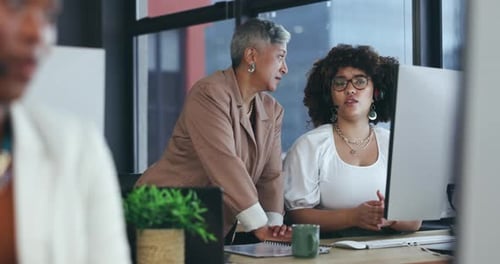 Call center, consulting and mentor with woman in office for customer service