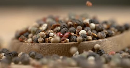 Mixed peppercorns in a super slow motion. Dry mix peppercorns close up.
