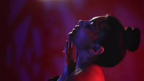 Woman With Wavy Hair Posing In Red Lighting