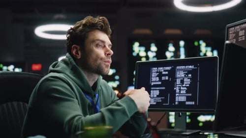 Overworked Programer Looking Monitor Working Late in Office Closeup Man Typing