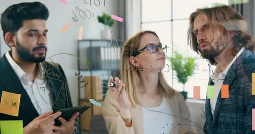 Close up of skillful creative team of man and woman which brainstorming new business ideas for start