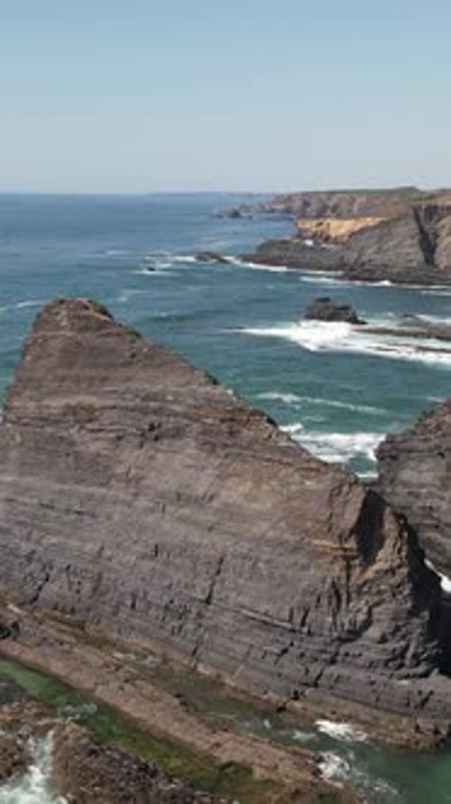 Vertical Video of Sea Rocks and Cliffs. Costa Vicentina, Portugal