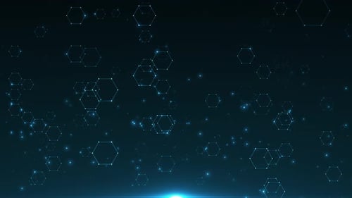 Futuristic Blue Hexagon Network with Glowing Particles and Light Flare Loop