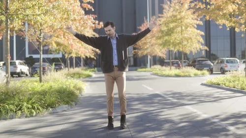 Cheerful Office Worker Celebrates Victory Outdoors