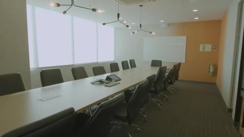 Dolly In Shot Of A Newly Built Empty Meeting Room In A Corporate Office