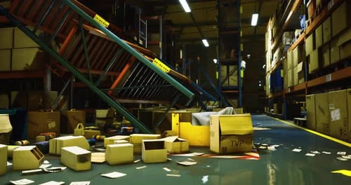 Warehouse Storage Area Shows Disarray and Scattered Packages During Day