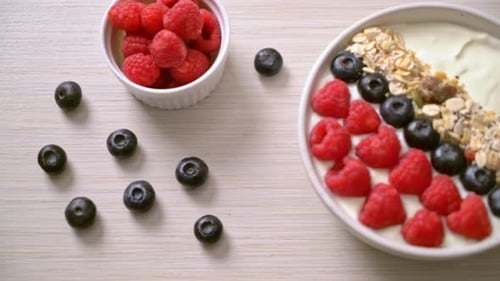 homemade yogurt bowl with raspberry, blueberry and granola - healthy food style