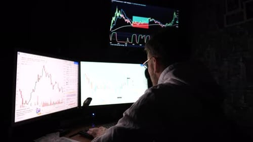 Young Financial Analyst Working on Computer with Multiple Screens Broker Analysing Stocks