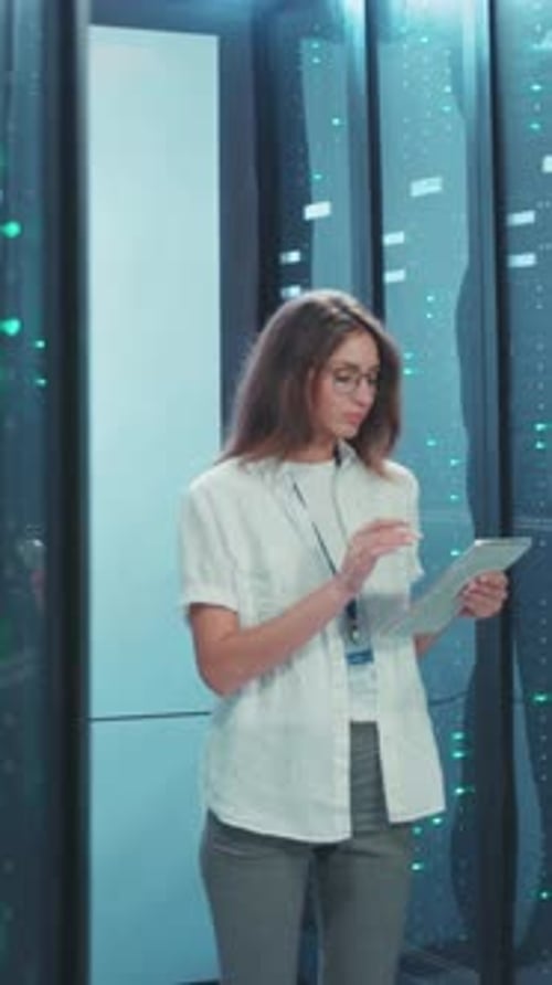 Woman with Tablet in Futuristic Server Room