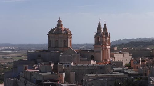 Aerial Sweep Over Mdina Malta Highlighting St Paul's Cathedral