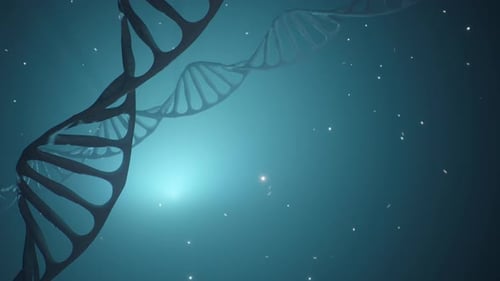 Animation 3D d'une molécule d'ADN en rotation sur fond bleu. Concept de génétique