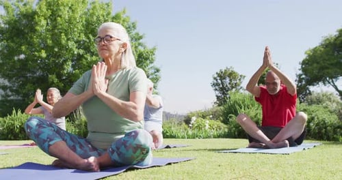 Diverse group of male and female seniors practicing yoga meditation sitting in garden, slow motion