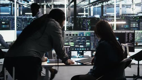 Data Center Teamworking Colleagues Use Node Tree Program