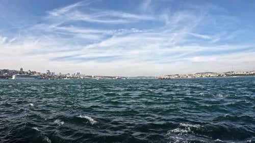 Panoramic view of Istanbul skyline and Bosphorus strait under a blue sky
