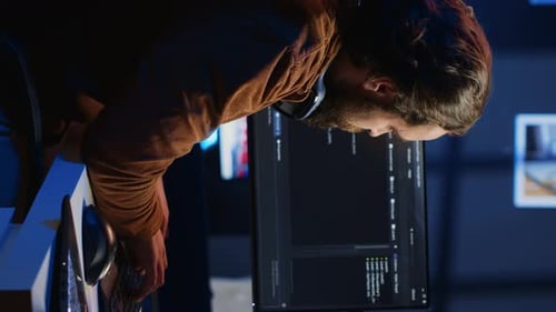 Software Technician Typing Code in Neon Lit Personal Office