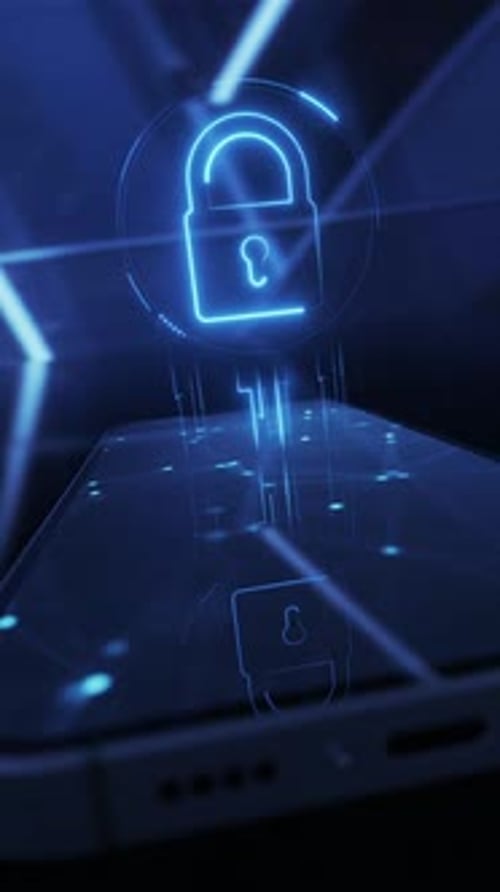 Icono de bloqueo de ciberseguridad, holograma y concepto de protección de datos y privacidad de teléfonos inteligentes o antivirus