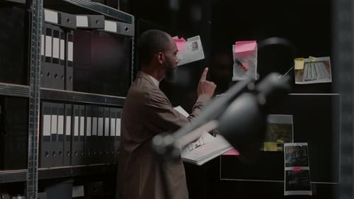 Serious Investigator Reviews Case File in Archive