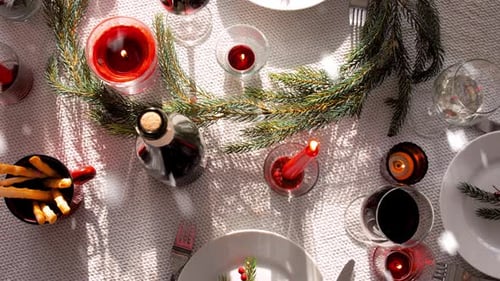 Overhead View of Christmas Dinner Table Setting