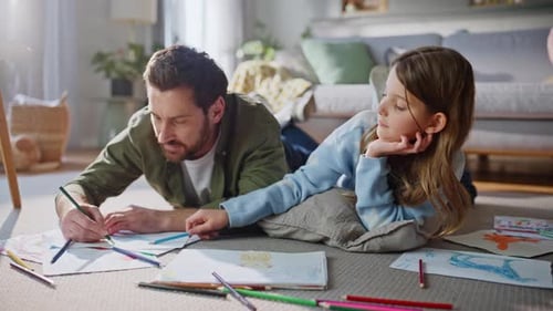 Happy Dad Drawing Daughter Enjoy Inspiring Leisure Closeup Smiling Father Child