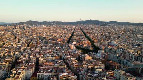 Aerial view of Barcelona City Skyline with Paral.lel and Poble Sec Neighborhood, Catalonia, Spain