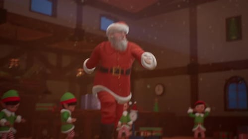 Santa Claus Dancing in a Festive Christmas Workshop with Elves Circling in Joyful New Year Party 3