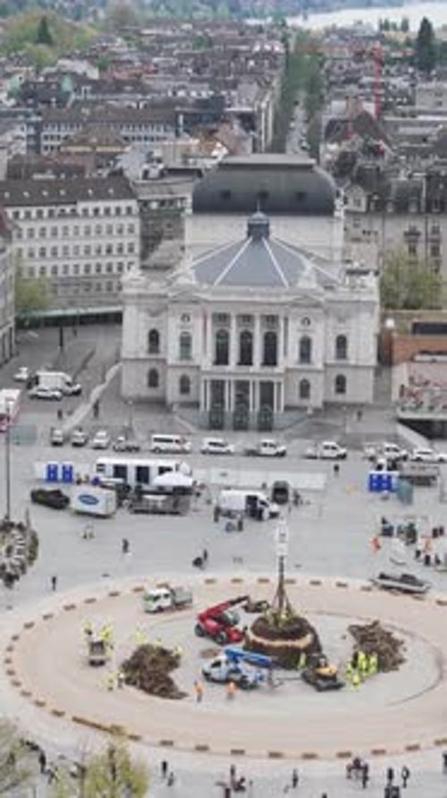 Aerial video of the Sechselautenplatz square in Zurich, Switzerland