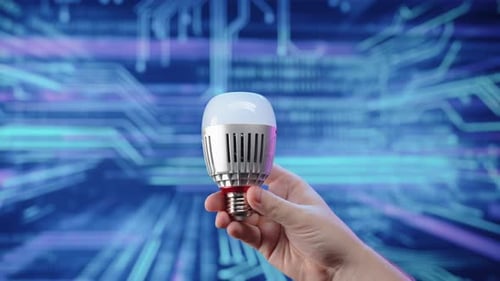 LED Bulb Lighting Up in Hand on Digital Background