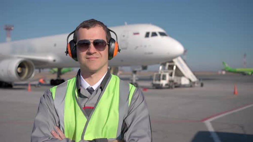 Airport Safety Worker Man with Walkie Talkie Checking Airplane Aircraft ...
