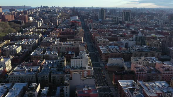 Extremely crisp aerial flyover of Harlem New York City rooftops at ...