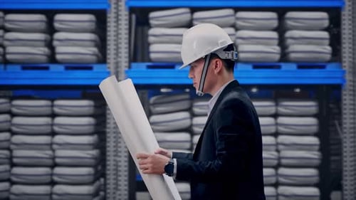 Asian Businessman Looking At Blueprint In His Hands While Walking at Warehouse