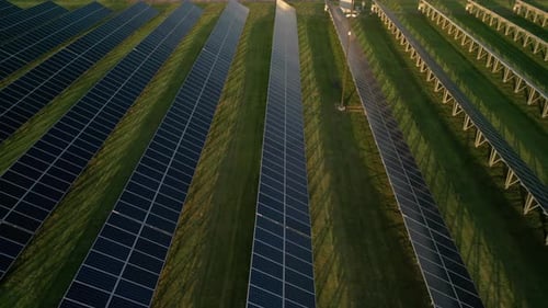 Aerial Wide View of Solar Panels Stand in a Row in the Fields Green Energy Landscape Electrical
